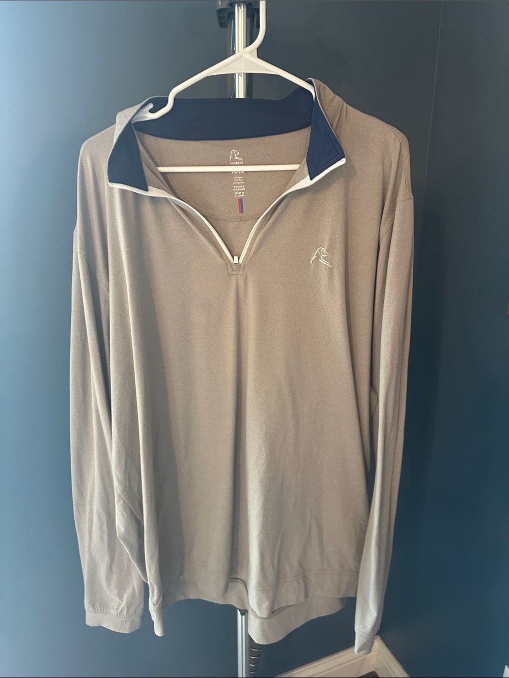 Rhoback Men's Quarter-Zip Pullover Sweater in Taupe with Navy Trim